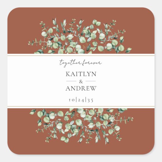 Terracotta Eucalyptus Together Forever Wedding  Vierkante Sticker (Voorkant)
