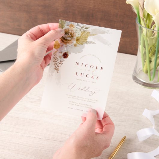 Terracotta Fall Autumn Boho Pampas Grass Wedding Vellum Uitnodigingen (Draagbaar)