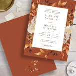 Terracotta Fall Wedding Invitation Kaart<br><div class="desc">Deze elegante trouwuitnodiging bevat prachtige handbeschilderde waterverf verbrand sinaasappel, koper, terracotta bladeren, crème en beige dahlias, en prachtige roest en bruine rozen op een koper | Terracotta background; perfect voor een herfstbruiloft. De achterkant van de uitnodiging heeft een mooie tak van bladeren met het bruid en groom's monogram. Vind passende...</div>