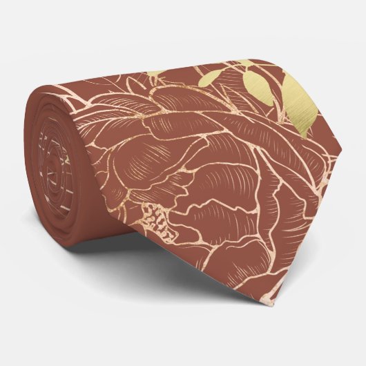 Terracotta & Faux Gold Peony Modern Floral Wedding Stropdas (Opgerold)
