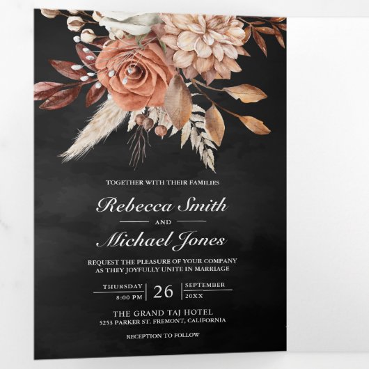 Terracotta Floral All in One QR Code Black Weddens Drieluik Uitnodiging (Binnenzijde eerst)