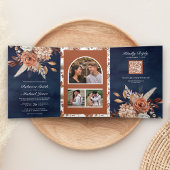 Terracotta Floral all in one QR Code Navy Wedding Drieluik Uitnodiging