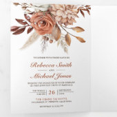 Terracotta Floral All in One QR Code Weddenschap Drieluik Uitnodiging (Binnenzijde eerst)