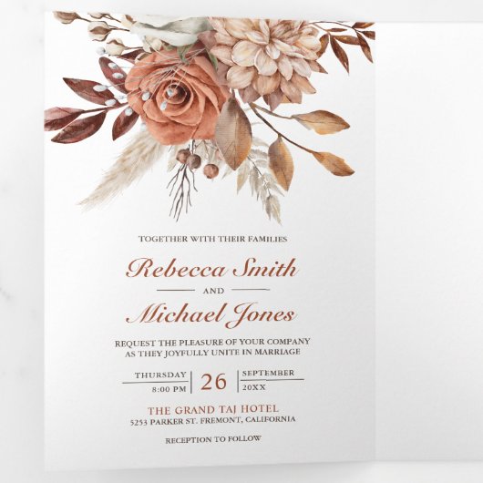 Terracotta Floral All in One QR Code Weddenschap Drieluik Uitnodiging (Binnenzijde eerst)