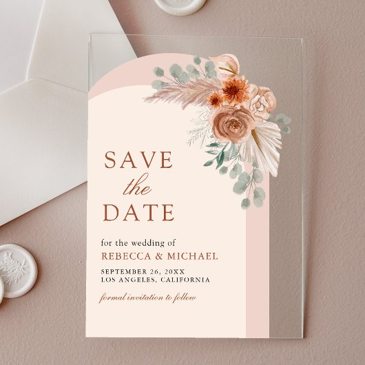 Terracotta Floral Arch Wedding Save the Date Acryl Uitnodigingen