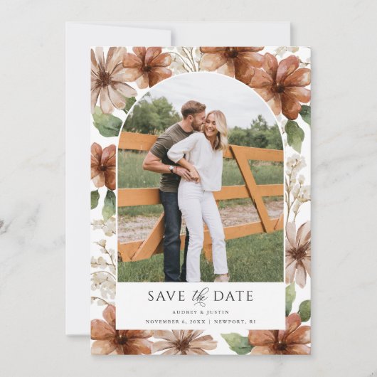 Terracotta Floral Arched Foto Bewaar de datum Kaart (Voorkant)