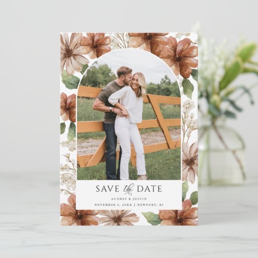 Terracotta Floral Arched Foto Bewaar de datum Kaart (Staand voorkant)