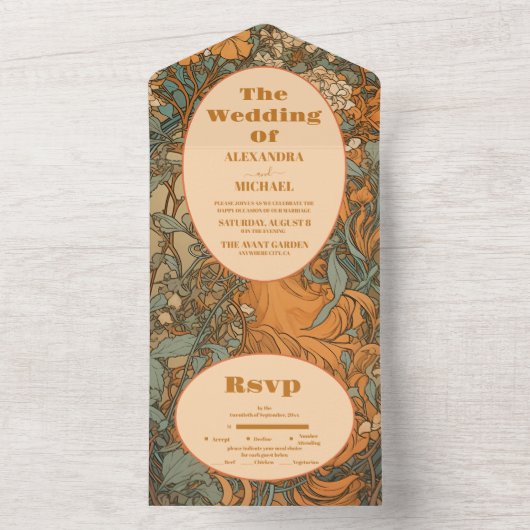 Terracotta Floral Art Nouveau Bruiloft All In One Uitnodiging (Binnen)