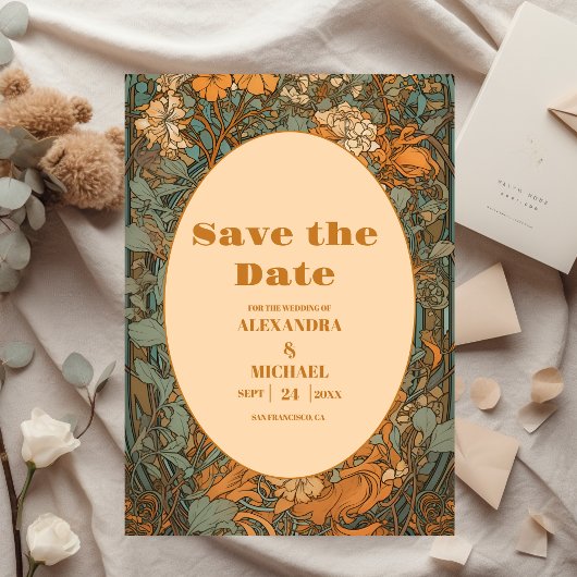 Terracotta Floral Art Nouveau Bruiloft Save The Date
