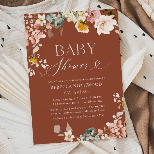 Terracotta Floral Baby shower Invitation Kaart