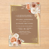 Terracotta Floral Beige Gold Wedding Acryl Uitnodigingen (Voorkant)
