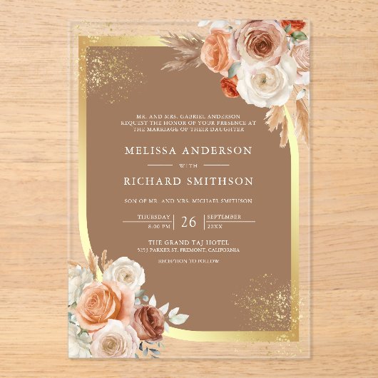 Terracotta Floral Beige Gold Wedding Acryl Uitnodigingen (Voorkant)