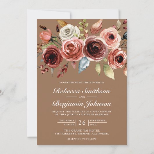 Terracotta Floral Beige Tan QR Code Wedding Kaart (Voorkant)