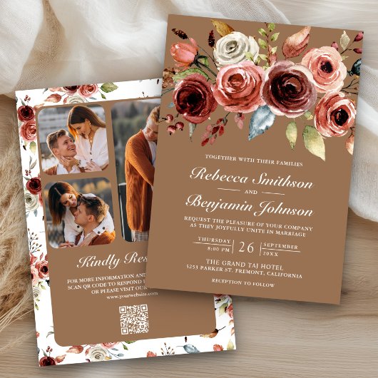 Terracotta Floral Beige Tan QR Code Wedding Kaart
