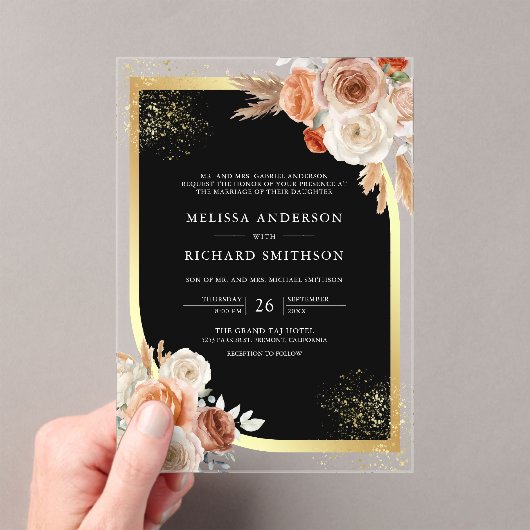 Terracotta Floral Black Gold Wedding Acryl Uitnodigingen (Insitu (Draagbaar))