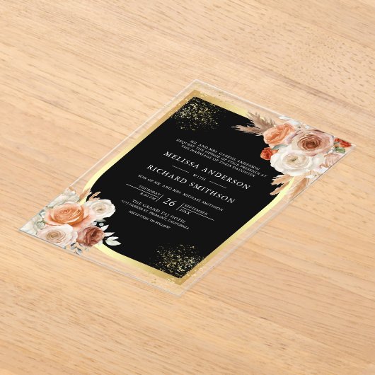 Terracotta Floral Black Gold Wedding Acryl Uitnodigingen (Laagn)