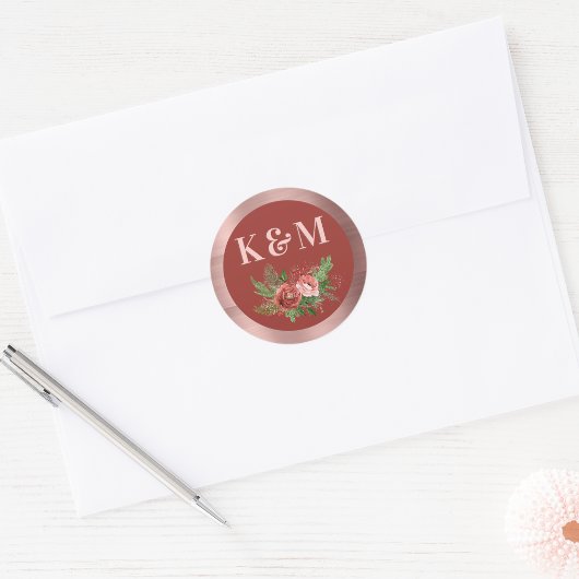 Terracotta Floral Blush Pink kerstmonogram Ronde Sticker