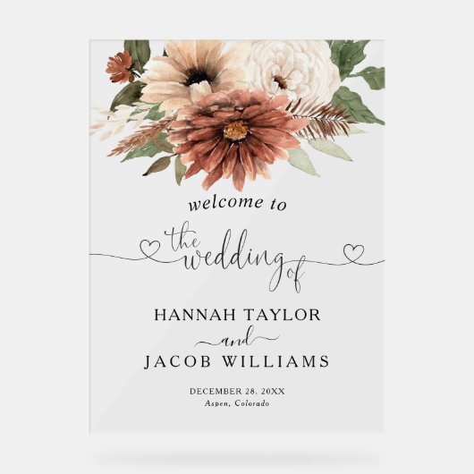 Terracotta Floral Boho Bruiloft Welkom Acryl Bord (Voorkant)