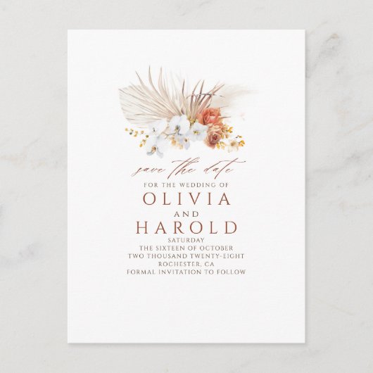 Terracotta Floral Boho Exotic Save the Date Aankondigingskaart (Voorkant)