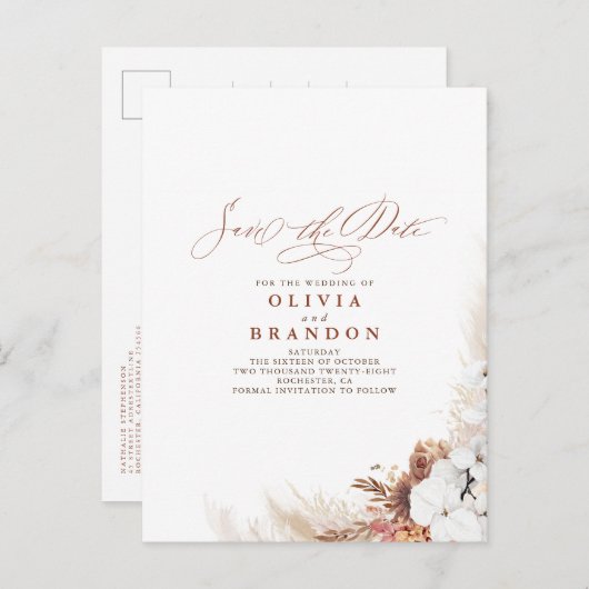 Terracotta Floral Boho Exotic Save the Date Aankondigingskaart (Voorkant / Achterkant)