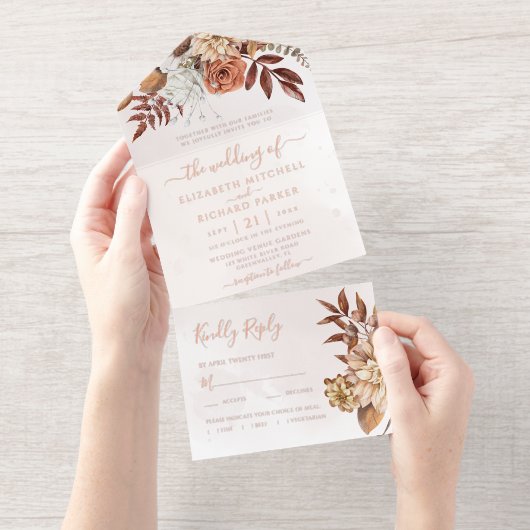 Terracotta Floral Boho Fall Foliage Wedding All In One Uitnodiging (Uittrekbaar)