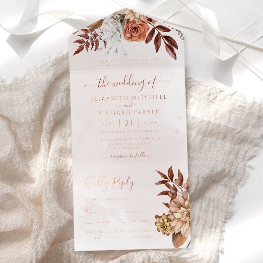 Terracotta Floral Boho Fall Foliage Wedding All In One Uitnodiging