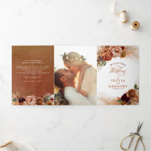 Terracotta Floral Boho Modern Fall Wedding Drieluik Programma