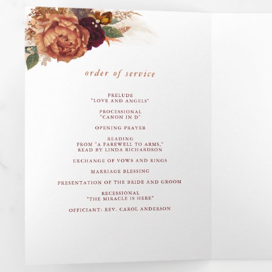 Terracotta Floral Boho Modern Fall Wedding Drieluik Programma (Binnenzijde eerst)