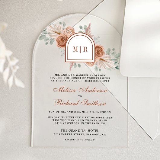 Terracotta Floral Boho Pampas Burnt Orange Wedding Acryl Uitnodigingen