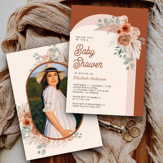 Terracotta Floral Boho Pampas Foto Baby shower Kaart