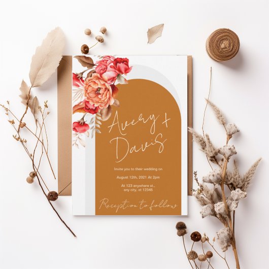 Terracotta Floral Boho Wedding Invite Kaart