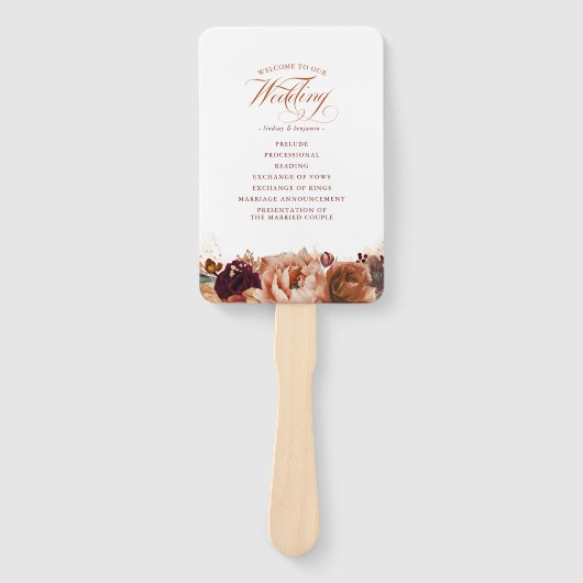 Terracotta Floral Boho Wedding Programme Handwaaier (Voorkant)