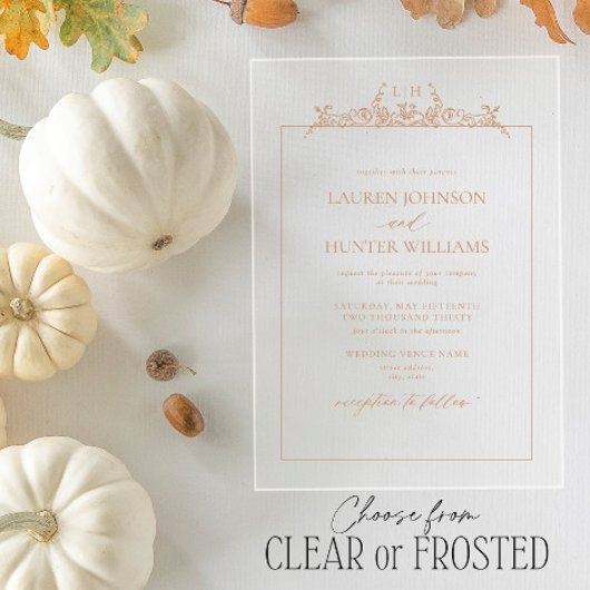 Terracotta Floral Border Monogram Weddenschap Acryl Uitnodigingen