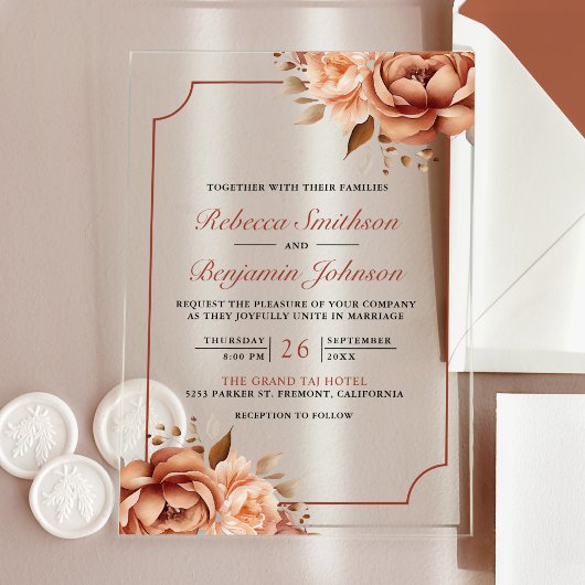 Terracotta Floral Border Wedding Acryl Uitnodigingen