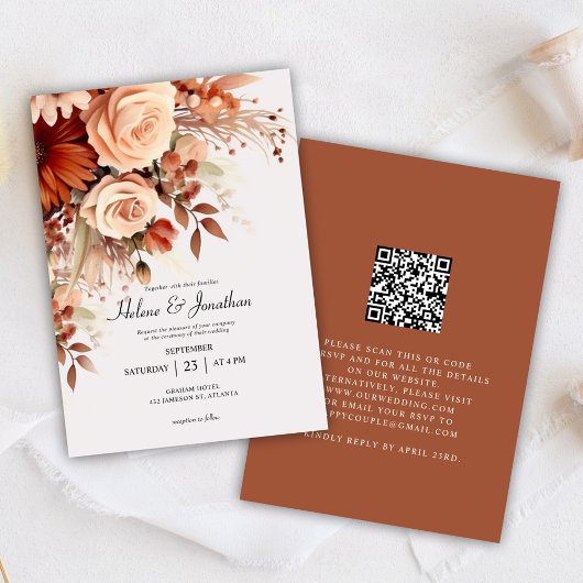 Terracotta Floral Botanical QR Code Weddenschap Kaart
