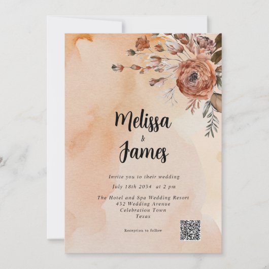 Terracotta Floral Botanische Waterverf QR-code Kaart (Voorkant)