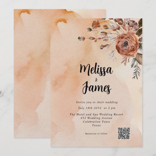 Terracotta Floral Botanische Waterverf QR-code Kaart (Voorkant / Achterkant)