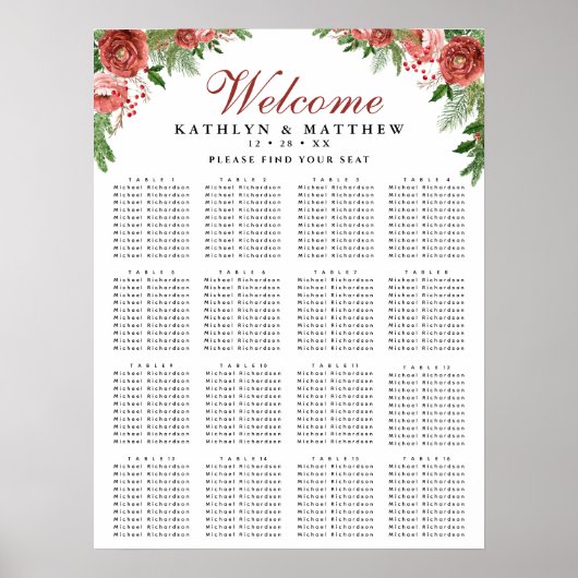 Terracotta Floral Bough Wedding 16 Table Seating Poster (Voorkant)