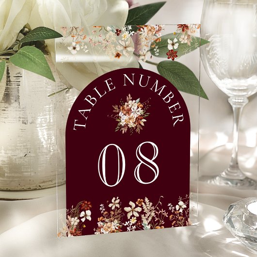 Terracotta Floral Burgundy Acrylic Table Number Acryl Uitnodigingen