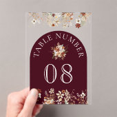 Terracotta Floral Burgundy Acrylic Table Number Acryl Uitnodigingen (Insitu (Draagbaar))