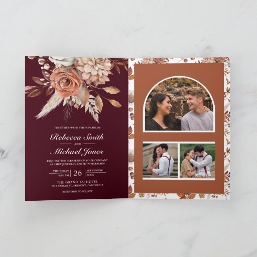 Terracotta Floral Burgundy QR Code Wedding (Binnen)