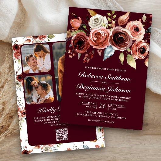 Terracotta Floral Burgundy QR Code Wedding Kaart