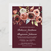 Terracotta Floral Burgundy QR Code Wedding Kaart (Voorkant)
