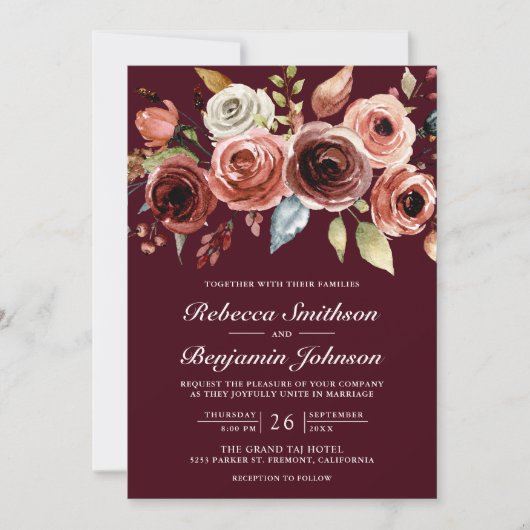 Terracotta Floral Burgundy QR Code Wedding Kaart (Voorkant)