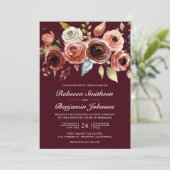 Terracotta Floral Burgundy QR Code Wedding Kaart (Staand voorkant)