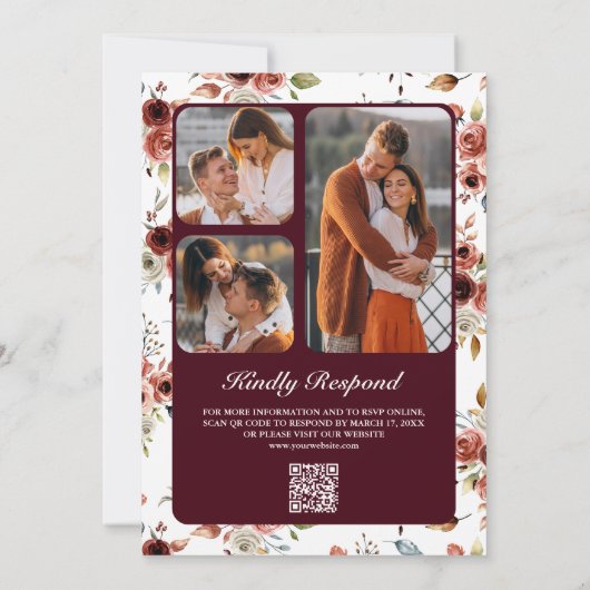 Terracotta Floral Burgundy QR Code Wedding Kaart (Achterkant)