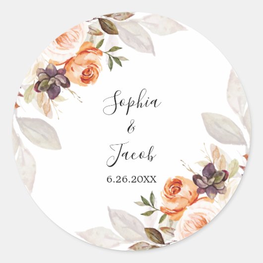 Terracotta Floral Burnt Sinaasappel Boho Fall Wedd Ronde Sticker (Voorkant)