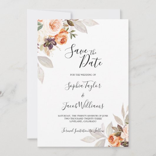 Terracotta Floral Burnt Sinaasappel Boho Fall Wedd Save The Date (Voorkant)