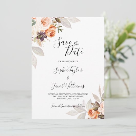 Terracotta Floral Burnt Sinaasappel Boho Fall Wedd Save The Date (Staand voorkant)