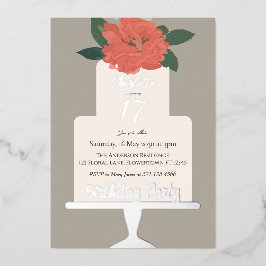 Terracotta Floral Cake Verjaardagsfeestje Zilver Folie Uitnodiging